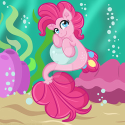 Size: 1024x1024 | Tagged: safe, artist:yoshimarsart, pinkie pie, earth pony, pony, seapony (g4), g4, blue eyes, bubble, female, fish tail, ocean, pearl, seaponified, seapony pinkie pie, seaweed, smiling, solo, species swap, tail, underwater, water, watermark