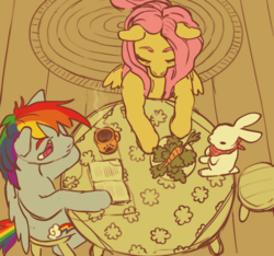 Size: 1111x1038 | Tagged: safe, artist:starstation, angel bunny, fluttershy, rainbow dash, pegasus, pony, g4, carrot, food, high angle, indoors, overhead view, perspective, reading, sitting, table, trio