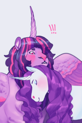 Size: 643x958 | Tagged: safe, artist:rumpledsweater, rarity, twilight sparkle, alicorn, pony, sphinx, unicorn, arranged marriage au, g4, curved horn, cute, exclamation point, eyes closed, female, horn, lesbian, mare, raribetes, ship:rarilight, shipping, twiabetes, twilight sparkle (alicorn)