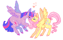 Size: 633x405 | Tagged: safe, artist:suippumato, fluttershy, twilight sparkle, alicorn, pegasus, pony, g4, colored hooves, cute, eyes closed, female, flying, lesbian, mare, ship:twishy, shipping, shyabetes, simple background, twiabetes, twilight sparkle (alicorn), white background