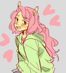 Size: 1274x1400 | Tagged: safe, artist:milky-rabbit, fluttershy, anthro, g4, blushing, clothes, female, gray background, heart, hoodie, simple background, sketch, solo