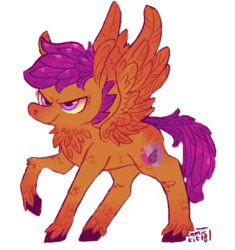 Size: 435x463 | Tagged: safe, artist:comickit, scootaloo, pegasus, pony, g4, chest feathers, colored hooves, feathered fetlocks, female, filly, raised hoof, simple background, solo, transparent background