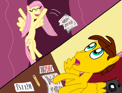 Size: 3300x2502 | Tagged: safe, artist:sb1991, fluttershy, oc, oc:film reel, pegasus, pony, fanfic:more than a fan, g4, camera, fanfic, fanfic art, flying, high res, link in description, paper, pencil, ponyville town hall, script, singing, story art, surprised, table, town hall