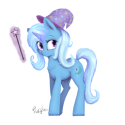 Size: 1577x1577 | Tagged: safe, artist:dapurpleheart, artist:transgressors-reworks, color edit, edit, trixie, pony, unicorn, g4, chest fluff, colored, female, glowing horn, hat, horn, looking at you, magic, magic wand, mare, simple background, smiling, solo, telekinesis, transparent background, wand