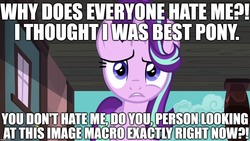 Size: 1280x720 | Tagged: safe, edit, edited screencap, editor:useraccount, screencap, starlight glimmer, g4, uncommon bond, best pony, confused, drama, image macro, looking at you, meme, question, shitposting, starlight drama, starlight drama drama, worst pony