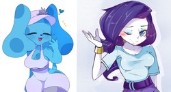 Size: 1048x568 | Tagged: safe, artist:hua, edit, rarity, dog, human, anthro, equestria girls, g4, blue (blue's clues), blue's clues, blushing, breasts, context needed, crossover, duo, eyes closed, female, furry, giggling, hat, one eye closed, smiling, waving, wink