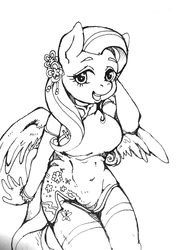 Size: 1444x2048 | Tagged: safe, artist:hobilo, fluttershy, pegasus, anthro, g4, black and white, cheongsam, chinese dress, clothes, female, grayscale, hair ornament, looking at you, monochrome, open mouth, smiling, solo, spread wings, wings