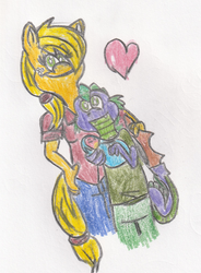 Size: 745x1011 | Tagged: safe, artist:tmntfan85, applejack, spike, dracony, hybrid, anthro, g4, spike at your service, female, interspecies offspring, male, offspring, parent:applejack, parent:spike, parents:applespike, ship:applespike, shipping, straight, traditional art