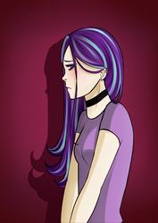 Size: 1500x2121 | Tagged: safe, artist:liny-an, starlight glimmer, human, g4, blushing, choker, clothes, ear piercing, earring, humanized, jewelry, piercing, profile, sad, shadow, shirt, shy, t-shirt, teenage glimmer, teenager