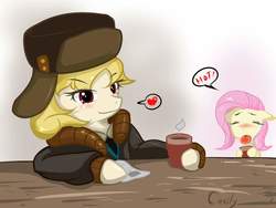 Size: 1024x768 | Tagged: safe, artist:cecily pony, fluttershy, march gustysnows, pony, g4, blushing, burned, coffee, duo, heart, hot, teary eyes, tongue out