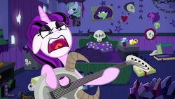 Size: 1920x1080 | Tagged: safe, artist:dwk, starlight glimmer, pony, unicorn, totally legit recap, g4, the parent map, bloodshot eyes, edgelight glimmer, female, guitar, makeup, metal, solo, starlight's room, teenage glimmer, teenager