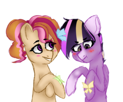 Size: 1800x1500 | Tagged: safe, artist:sodadoodle, derpibooru exclusive, oc, oc only, oc:cattocat, oc:pamela pie, butterfly, earth pony, pegasus, pony, blushing, female, filly, magical lesbian spawn, mare, next generation, offspring, parent:cinnamon chai, parent:pinkie pie, parent:tempest shadow, parent:twilight sparkle, parents:cinnapie, parents:tempestlight, simple background, story included, transparent background