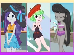 Size: 1374x1023 | Tagged: safe, edit, edited screencap, screencap, drama letter, octavia melody, rarity, watermelody, equestria girls, g4, my little pony equestria girls: better together, the salty sails, turf war, x marks the spot, background human, bikini, bikini babe, bikini top, clothes, comparison, female, geode of empathy, geode of fauna, geode of shielding, geode of sugar bombs, geode of super speed, geode of super strength, geode of telekinesis, hat, magical geodes, sarong, sun hat, swimsuit, trio, trio female