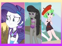 Size: 1381x1024 | Tagged: safe, edit, edited screencap, screencap, drama letter, octavia melody, rarity, watermelody, equestria girls, g4, lost and found, my little pony equestria girls: better together, turf war, x marks the spot, bikini, bikini babe, bikini top, clothes, comparison, female, geode of empathy, geode of fauna, geode of shielding, geode of sugar bombs, geode of super speed, geode of super strength, geode of telekinesis, magical geodes, sarong, swimsuit, trio, trio female