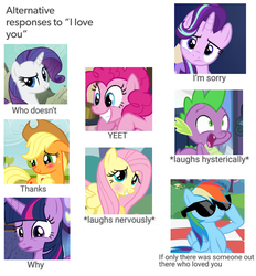 Size: 800x863 | Tagged: safe, applejack, fluttershy, pinkie pie, rainbow dash, rarity, spike, starlight glimmer, twilight sparkle, alicorn, dragon, earth pony, pegasus, pony, unicorn, g4, alternative responses to i love you, blushing, cowboy hat, female, hat, i love you, male, mane seven, mane six, mare, meme, open mouth, smug, sunglasses, yeet