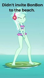 Size: 492x878 | Tagged: safe, lyra heartstrings, human, equestria girls, g4, my little pony equestria girls: better together, turf war, barefoot, bikini, clothes, feet, implied bon bon, legs, lyra heartstrings swimsuit, swimsuit