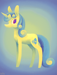 Size: 500x663 | Tagged: safe, artist:comickit, lemon hearts, pony, unicorn, g4, abstract background, cutie mark, female, looking back, mare, solo