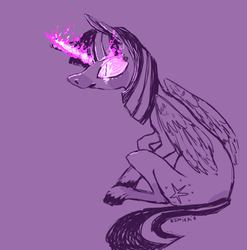 Size: 571x577 | Tagged: safe, artist:comickit, twilight sparkle, alicorn, pony, g4, cutie mark, female, glowing eyes, glowing horn, horn, mare, simple background, sitting, slit pupils, solo, sombra eyes, twilight sparkle (alicorn)