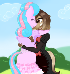 Size: 1200x1268 | Tagged: safe, artist:luciusheart, oc, oc:claire, oc:nova starburst, anthro, cute, gothic lolita, hug, lolita fashion, sweet lolita