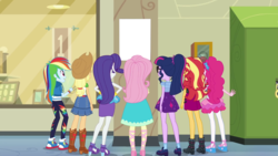 Size: 1280x720 | Tagged: safe, edit, screencap, applejack, fluttershy, pinkie pie, rainbow dash, rarity, sci-twi, sunset shimmer, twilight sparkle, equestria girls, fluttershy's butterflies, g4, my little pony equestria girls: better together, converse, exploitable, humane five, humane seven, humane six, mane six, meme, poster, rear view, shoes, sneakers