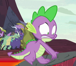 Size: 676x590 | Tagged: safe, screencap, spike, dragon, g4, season 7, shadow play, background dragon, claws, cropped, male, nervous, teenaged dragon