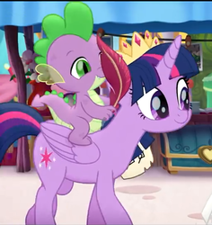 Size: 511x541 | Tagged: safe, screencap, spike, twilight sparkle, alicorn, dragon, pony, g4, my little pony: the movie, cropped, crown, dragons riding ponies, female, jewelry, male, mare, regalia, riding, smiling, spike riding twilight, twilight sparkle (alicorn), wings
