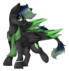 Size: 1020x1045 | Tagged: safe, artist:norrixcurral08, oc, oc only, pegasus, pony, black coat, bracelet, clothes, commission, green eyes, green mane, jewelry, scarf, simple background, solo, transparent background