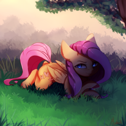 Size: 2500x2500 | Tagged: safe, artist:miokomata, fluttershy, pegasus, pony, g4, blue eyes, female, folded wings, grass field, high res, looking at you, looking sideways, mare, prone, smiling, solo, tree, under the tree