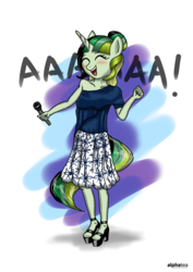 Size: 3506x4963 | Tagged: safe, artist:cakonde, oc, oc only, oc:camellia yasmina, unicorn, anthro, plantigrade anthro, anthro oc, bare shoulders, blushing, clothes, dress, dressing, eyes closed, female, happy, high heels, mare, microphone, open mouth, rule 63, shoes, singing, solo, standing