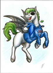 Size: 2550x3506 | Tagged: safe, artist:lupiarts, oc, oc only, oc:rabid, bat pony, pony, bat pony oc, clothes, eyepatch, high res, hoodie, male, open mouth, simple background, smiling, solo, stallion, traditional art