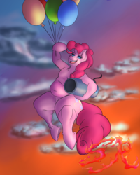 Size: 2400x3000 | Tagged: safe, artist:swiftriff, pinkie pie, earth pony, semi-anthro, g4, balloon, belly button, cannon, chubby, fat, female, high res, pudgy pie, solo, thick