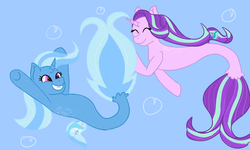 Size: 5000x3000 | Tagged: safe, artist:kiwiscribbles, starlight glimmer, trixie, seapony (g4), unicorn, g4, blue background, bubble, cute, dorsal fin, duo, female, fin, fish tail, flowing mane, flowing tail, horn, lesbian, looking at each other, looking at someone, mare, ocean, scales, seaponified, seapony starlight glimmer, seapony trixie, ship:startrix, shipping, simple background, smiling, smiling at each other, species swap, swimming, tail, teeth, underwater, water
