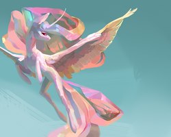 Size: 2560x2048 | Tagged: safe, artist:yanisfucker, princess celestia, alicorn, pony, g4, beautiful, curved horn, female, flying, high res, horn, lineless, looking back, mare, missing accessory, solo, spread wings, windswept mane, wings