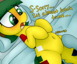Size: 1200x1000 | Tagged: safe, artist:datte-before-dawn, oc, oc:blocky bits, bed, belly button, comic, female, hungry, imminent belly rub, lying down, mare, open mouth, pillow, stomach noise, talking