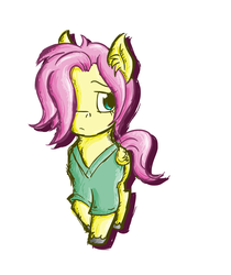 Size: 1273x1517 | Tagged: safe, artist:dreamingnoctis, fluttershy, pegasus, pony, ask asylum twilight, g4, adorascotch, butterscotch, chibi, cute, folded wings, hair over one eye, hospital gown, rule 63, rule63betes, simple background, solo, transparent background