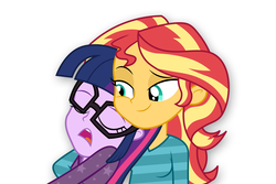 Size: 6000x4000 | Tagged: safe, artist:spottedlions, sci-twi, sunset shimmer, twilight sparkle, equestria girls, g4, absurd resolution, clothes, female, glasses, lesbian, ship:sci-twishimmer, ship:sunsetsparkle, shipping, simple background, sleeping, smiling