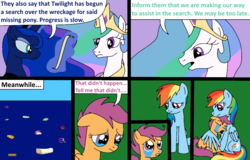 Size: 1006x642 | Tagged: safe, artist:didgereethebrony, princess celestia, princess luna, rainbow dash, scootaloo, comic:wreck of the renaissance, g4, aura, cradling, crying, debris, floating, holding, ocean, scroll, tears of pain, wreckage