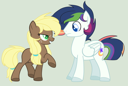 Size: 3112x2088 | Tagged: dead source, safe, artist:rainbows-skies, oc, oc only, oc:shooting star (bronyponyyy2340), oc:sunshine, earth pony, pegasus, pony, female, high res, magical lesbian spawn, male, mare, offspring, parent:rainbow dash, parent:twilight sparkle, parents:twidash, simple background, stallion