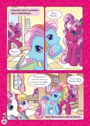 Size: 510x709 | Tagged: safe, artist:emma vieceli, cheerilee (g3), rainbow dash (g3), starsong, sweetie belle (g3), toola-roola, g3, g3.5, official, book, colour:kate brown, comic, french, fullfx studios for hasbro, heart, heart eyes, jungle, library, looking at each other, story:stanley jefferson, wingding eyes