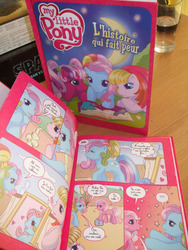 Size: 400x533 | Tagged: safe, artist:emma vieceli, cheerilee (g3), pinkie pie (g3), rainbow dash (g3), toola-roola, g3, g3.5, official, book, colour:kate brown, french, fullfx studios for hasbro, irl, jungle, photo