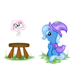 Size: 3000x3000 | Tagged: safe, artist:saralien, trixie, pony, g4, cape, clothes, female, filly, filly trixie, hat, high res, letter, levitation, magic, solo, stool, teary eyes, telekinesis, trixie's cape, trixie's hat, younger