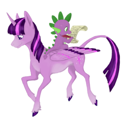 Size: 2402x2322 | Tagged: safe, alternate version, artist:sihyre, spike, twilight sparkle, alicorn, dragon, pony, g4, curved horn, duo, female, high res, horn, leonine tail, letter, male, mare, quill, simple background, transparent background, twilight sparkle (alicorn), unshorn fetlocks