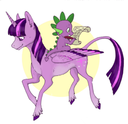 Size: 2402x2322 | Tagged: safe, artist:sihyre, spike, twilight sparkle, alicorn, dragon, pony, g4, curved horn, duo, female, high res, horn, leonine tail, letter, male, mare, quill, simple background, transparent background, twilight sparkle (alicorn), unshorn fetlocks