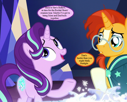 Size: 720x576 | Tagged: safe, edit, edited screencap, editor:korora, screencap, starlight glimmer, sunburst, g1, g4, my little pony tales, the parent map, clothes, cropped, cutie map, g1 to g4, generation leap, glasses, implied divorce, implied firelight, implied firody, implied melody, implied shipping, implied straight, robe, speech bubble, text, twilight's castle, voice actor joke
