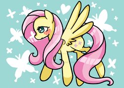 Size: 1024x724 | Tagged: safe, artist:ofruittango, fluttershy, butterfly, pegasus, pony, g4, blush sticker, blushing, butterfly on nose, female, insect on nose, looking at something, mare, profile, solo, spread wings, watermark, wings