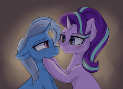 Size: 1257x912 | Tagged: safe, artist:haruhi-il, starlight glimmer, trixie, pony, unicorn, g4, abstract background, couple, cute, duo, female, lesbian, looking at each other, mare, ship:startrix, shipping