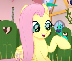 Size: 561x473 | Tagged: safe, screencap, fluttershy, bird, pegasus, pony, g4, my little pony: the movie, cropped, female, mare, smiling