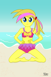 Size: 2000x3000 | Tagged: safe, artist:thunderdasher07, oc, oc only, oc:mist dasher, human, equestria girls, g4, beach, belly button, bikini, bikini top, clothes, equestria girls-ified, frilled swimsuit, hands on waist, high res, kneeling, midriff, multiple variants, ponytail, solo, swimsuit