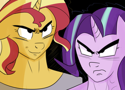 Size: 1400x1000 | Tagged: safe, artist:zouyugi, starlight glimmer, sunset shimmer, unicorn, anthro, g4, dragon ball, dragon ball z, female, laughing, mare, muscles, pastiche