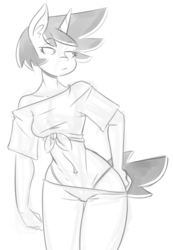 Size: 615x887 | Tagged: dead source, safe, artist:reiduran, oc, oc only, oc:corona flare, unicorn, anthro, anthro oc, belly button, clothes, female, front knot midriff, grayscale, lidded eyes, midriff, monochrome, off shoulder, panties, sketch, thong, unamused, underwear